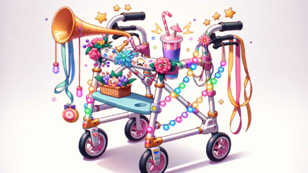 Illustration of a Rollator with stickers, horn and festive decorations.